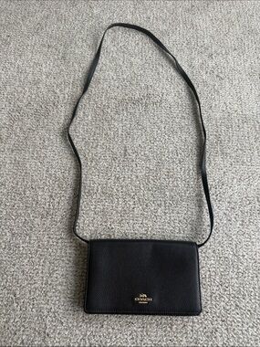Coach Black Pebbled Leather Crossbody Wallet with Gold Logo